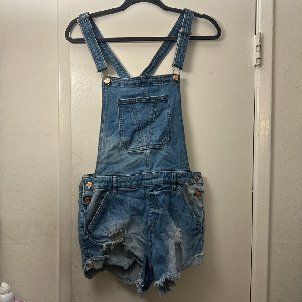 Blue denim vintage shorts overalls with distressed details